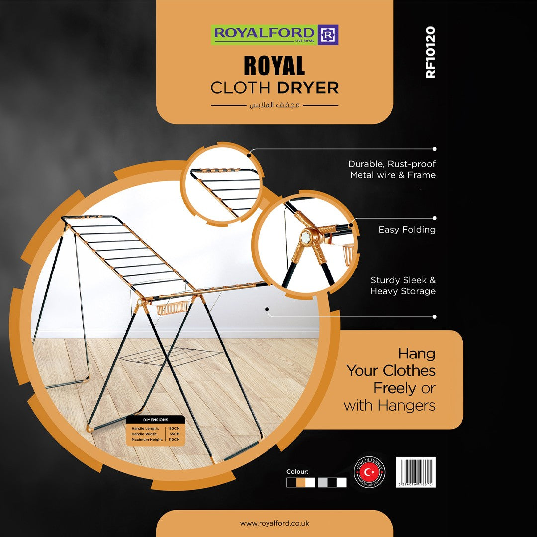 Royalford RF10120 Royal Cloth Dryer | Foldable Rust-Proof Clothes Drying Rack with Heavy-Duty Metal Frame | Easy Folding Design and Spacious Hanging Area for Home Use