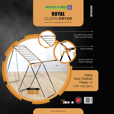 Royalford RF10120 Royal Cloth Dryer | Foldable Rust-Proof Clothes Drying Rack with Heavy-Duty Metal Frame | Easy Folding Design and Spacious Hanging Area for Home Use
