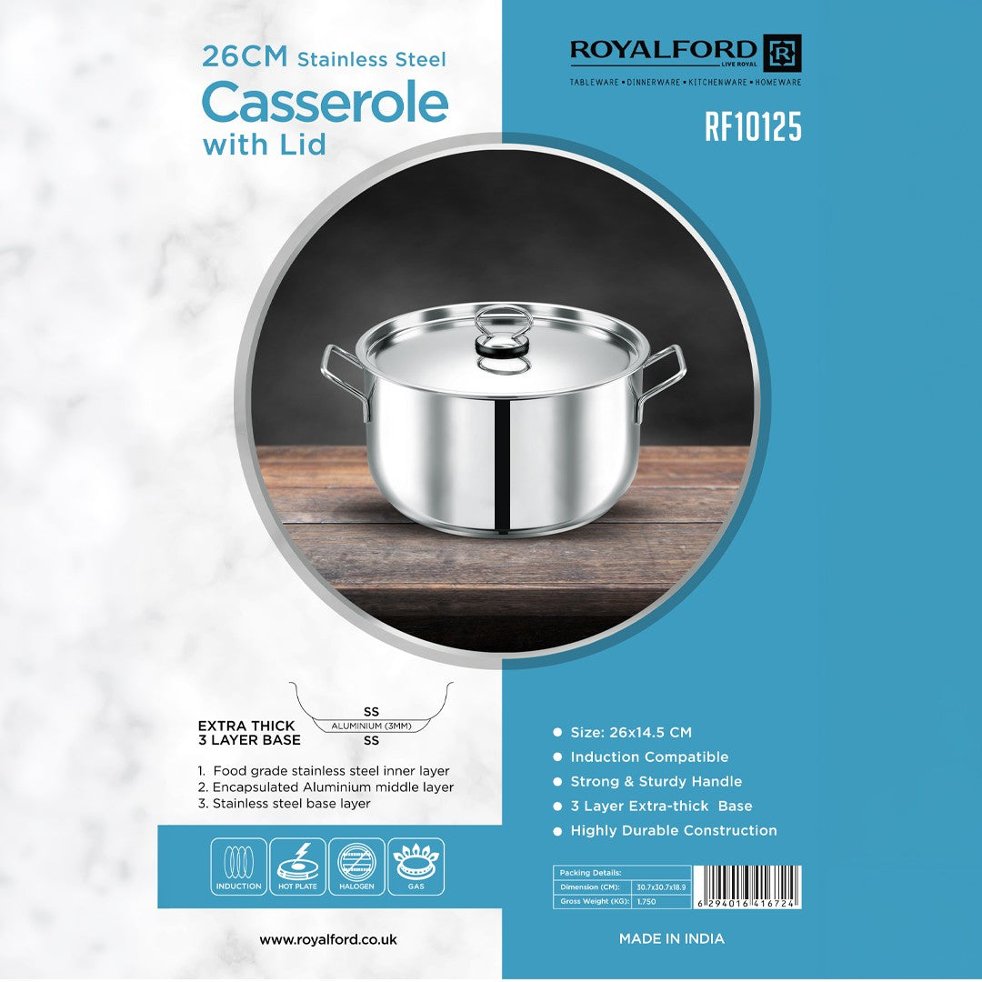 Royalford RF10125 26CM Stainless Steel Casserole with Lid | 3-Layer Induction Base | Premium Food-Grade Stainless Steel | Strong & Sturdy Handles | Highly Durable
