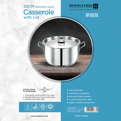 Royalford RF10126 28cm Stainless Steel Casserole with Lid |3-Layer Induction Cookware| Fast & Uniform Heating |Premium Food-Grade Stainless Steel |Strong & Sturdy Handles