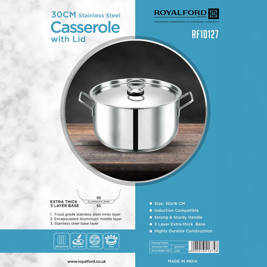 Royalford RF10127 30cm Stainless Steel Casserole with Lid |3-Layer Induction Cookware| Fast & Even Heat Distribution  |Premium Food-Grade Stainless Steel | Durable Design