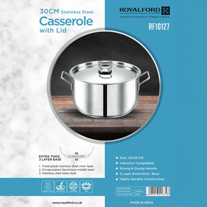 Royalford RF10127 30cm Stainless Steel Casserole with Lid |3-Layer Induction Cookware| Fast & Even Heat Distribution  |Premium Food-Grade Stainless Steel | Durable Design