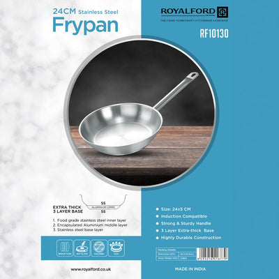 Royalford RF10130 24cm Stainless Steel Frypan | 3 Layer Extra Thick Base | Induction Compatible Cookware | Strong Handle | Durable Construction for Everyday Cooking
