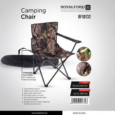 Royalford RF10132 Camping Chair | Folding Outdoor Chair with Integrated Cup Holder| Heavy Duty Steel Frame| Waterproof 600D Polyester Portable Chair for Camping & Travel