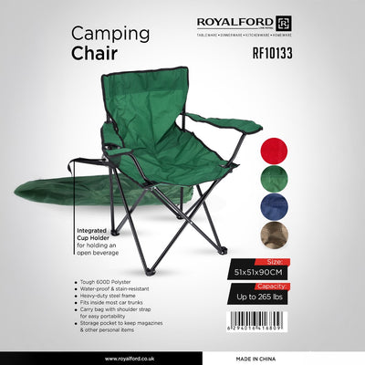 Royalford RF10133 Camping Chair| Folding Outdoor Chair with Integrated Cup Holder| Heavy Duty Steel Frame| Waterproof 600D Polyester Portable Chair for Camping & Travel