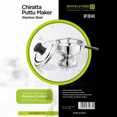 Royalford RF10141 Chiratta Puttu Maker Stainless Steel | Pressure Cooker Compatible Steamer with Heat-Resistant Bakelite Handle & Knob | Food-Grade Hygienic Design