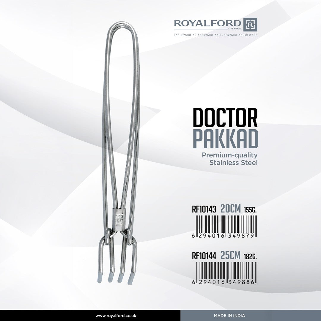 Royalford RF10143 Doctor Pakkad Stainless Steel Tongs| durable & rust-resistant kitchen tool with strong grip| ideal for cooking & handling hot utensils safely|
