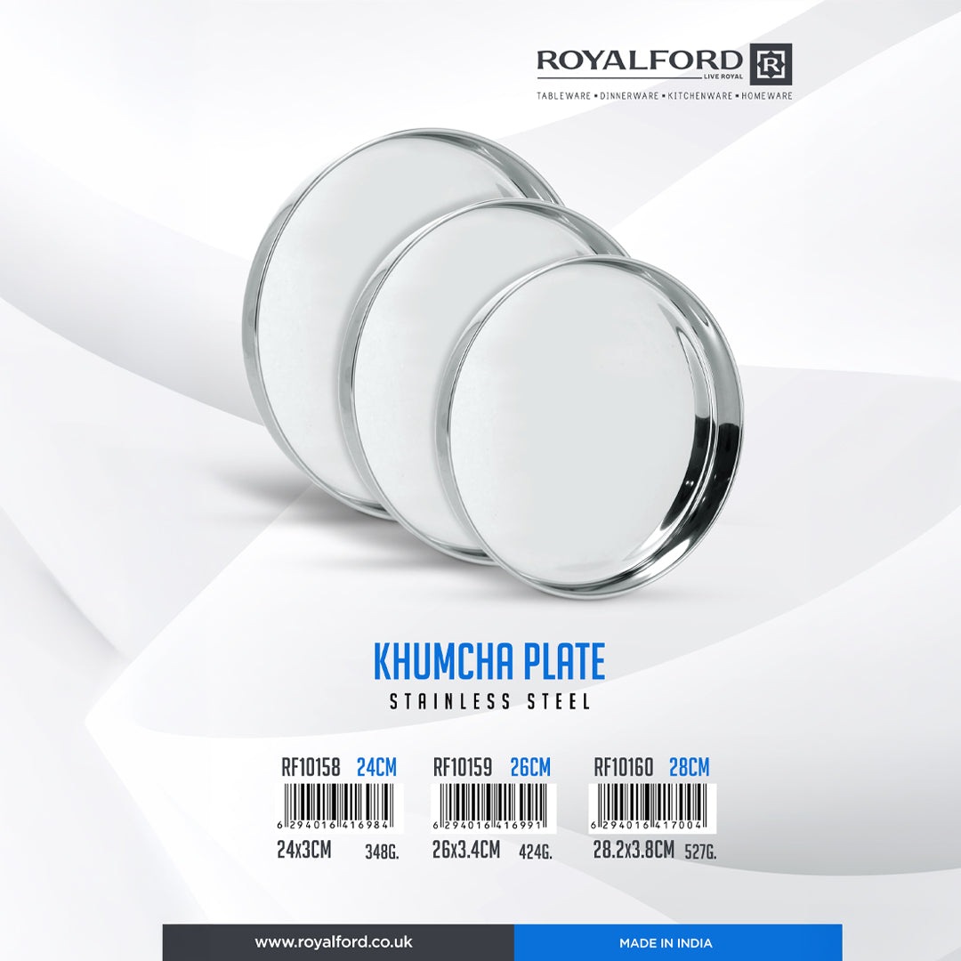 Royalford RF10159 Khumcha Plate | 26cm Stainless Steel Serving Plate| Heavy Duty Dinner Plate | Polished Finish| Rust Resistant Food Grade Steel for Home & Catering Use