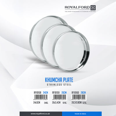 Royalford RF10159 Khumcha Plate | 26cm Stainless Steel Serving Plate| Heavy Duty Dinner Plate | Polished Finish| Rust Resistant Food Grade Steel for Home & Catering Use