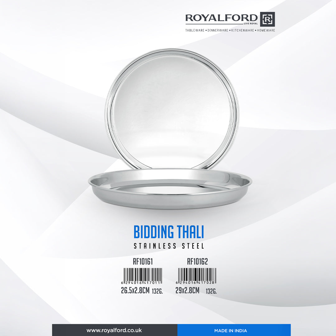 Royalford RF10161 Stainless Steel Bidding Thali 26.5cm | Heavy-Duty Rust-Resistant Dinner Plate | Mirror Finish |  Food-Grade Serving Plate for Home & Catering Use