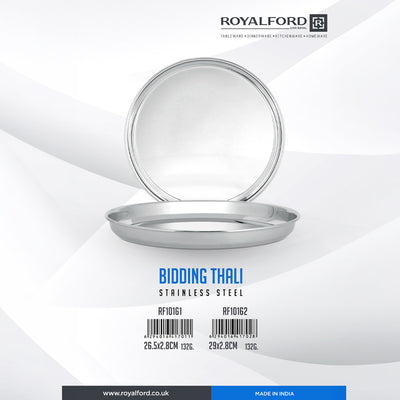 Royalford RF10161 Stainless Steel Bidding Thali 26.5cm | Heavy-Duty Rust-Resistant Dinner Plate | Mirror Finish |  Food-Grade Serving Plate for Home & Catering Use