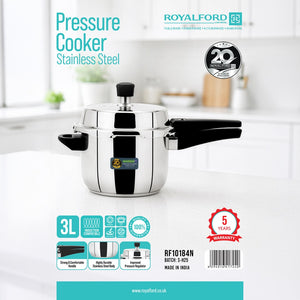 Royalford RF10184 Stainless Steel Pressure Cooker 3L | Premium SS304 Body| Whistling Weight Valve| Metallic Safety Plug| Gasket Release Safety System |  Induction Base