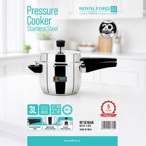 Royalford RF10184N 3L stainless steel pressure cooker with induction compatibility| durable mirror finish body with improved pressure regulator, strong handles