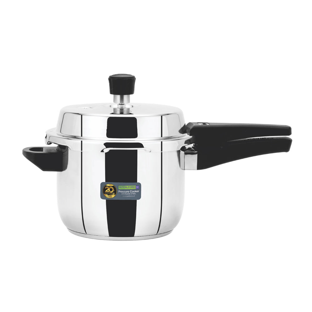 Royalford RF10184N 3L stainless steel pressure cooker with induction compatibility| durable mirror finish body with improved pressure regulator, strong handles