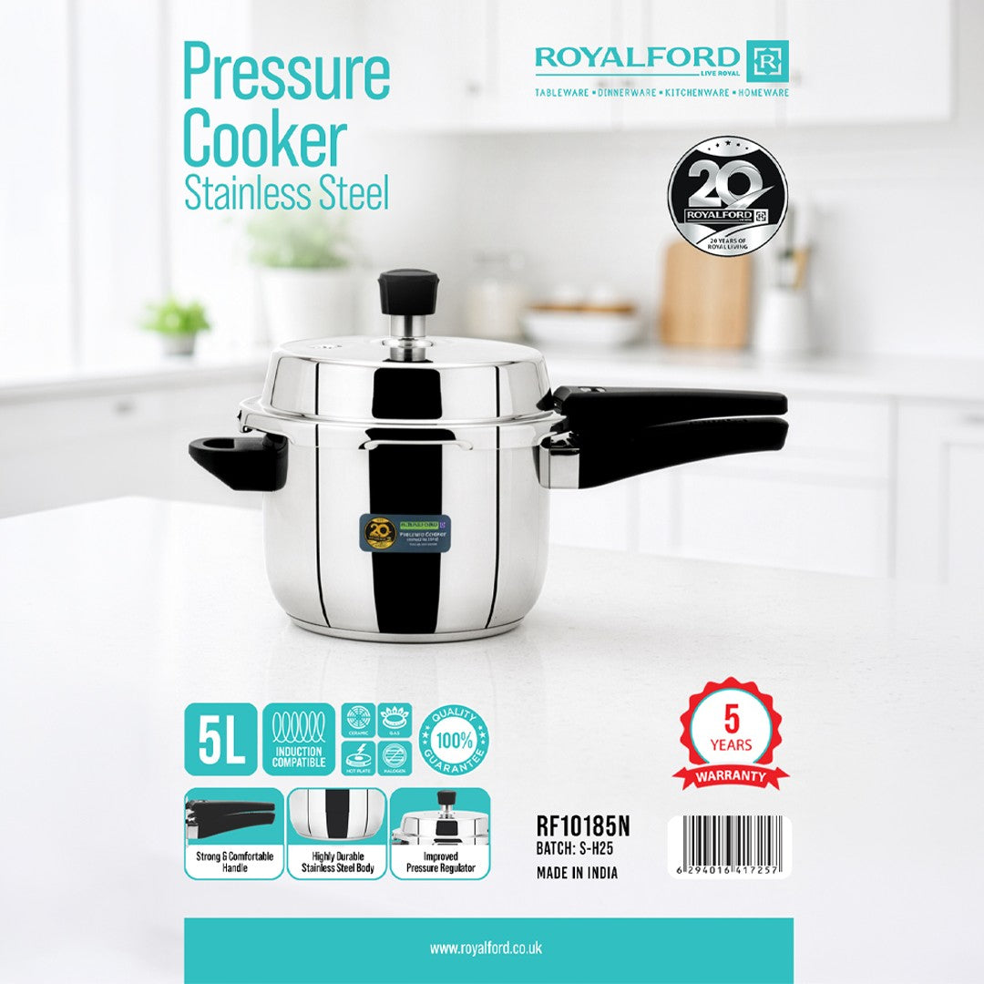 Royalford RF10185N 5L Stainless Steel Pressure Cooker |  Induction Compatible Base | Durable Heavy Body | Improved Safety Pressure Regulator &  5 Years Warranty