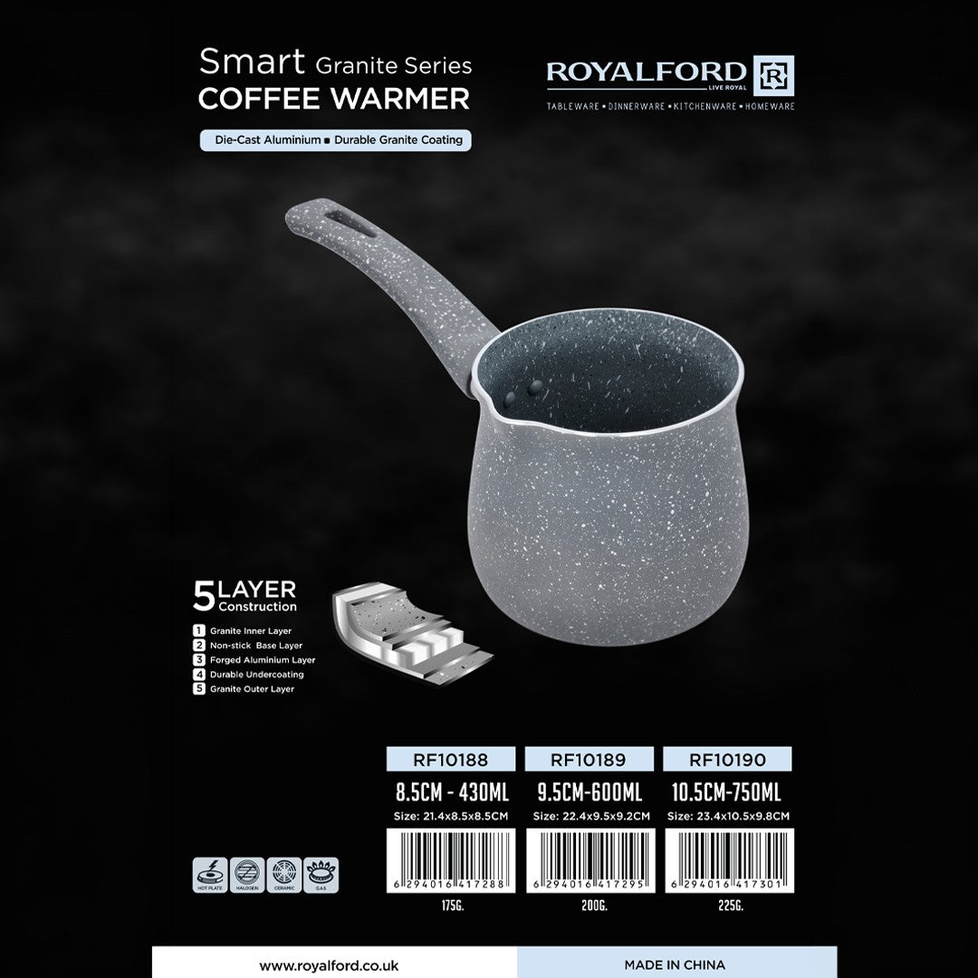 Royalford RF10190 Smart Granite Series Coffee Warmer Jug | Die-Cast Aluminium Milk & Coffee Heating Pot | 5-Layer Durable Granite Coating | Heat-Resistant Handle