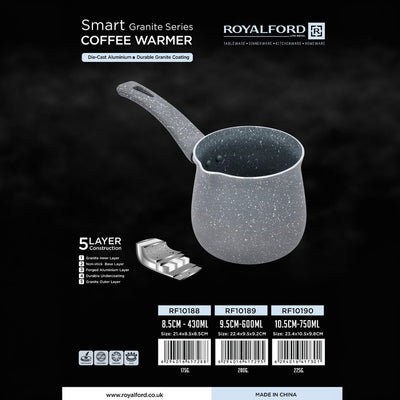 Royalford RF10190 Smart Granite Series Coffee Warmer Jug | Die-Cast Aluminium Milk & Coffee Heating Pot | 5-Layer Durable Granite Coating | Heat-Resistant Handle
