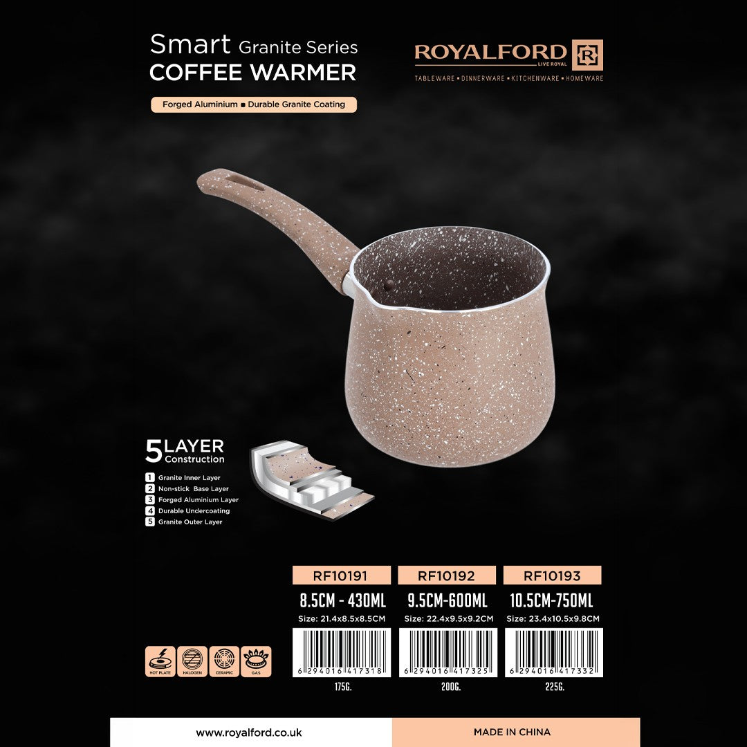 Royalford RF10191 Smart Granite Coffee Warmer 430ML | Forged Aluminium 5 Layer Non-Stick Granite Coated Milk & Coffee Pot | Ergonomic Handle | Multi-Cooktop Compatible