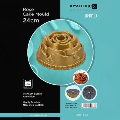Royalford RF10197 Rose Cake Mould | 24cm Premium Aluminium Cake Pan | 230°C Oven Safe| Highly Durable Non-Stick Bakeware for Beautifully Detailed Rose Pattern Cakes