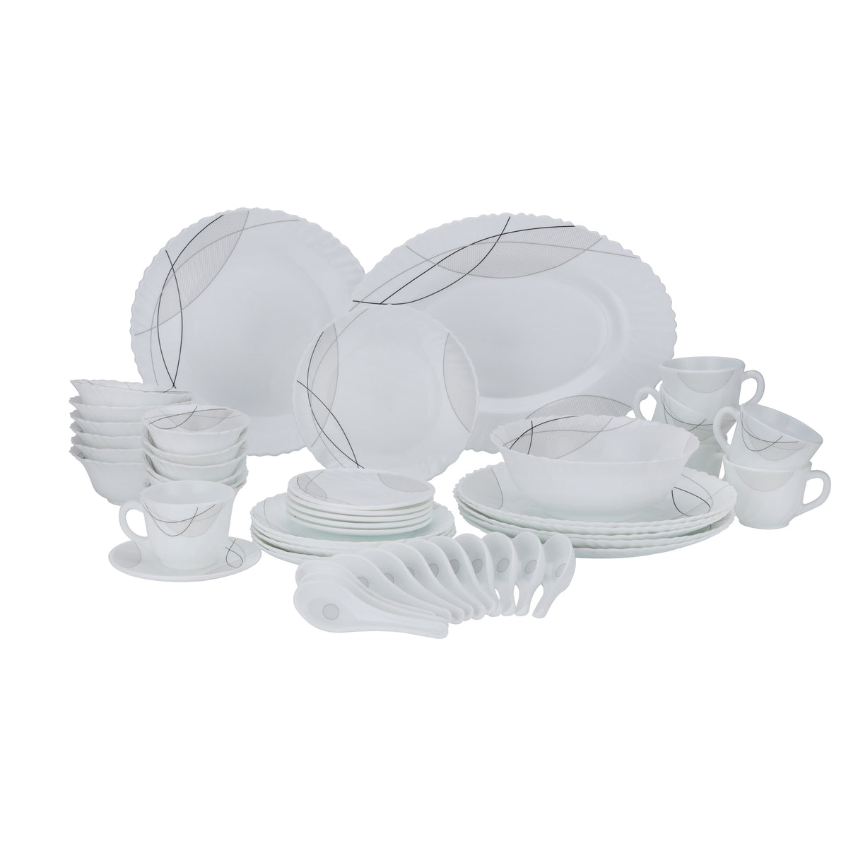 Royalford RF10201 50-Piece Opalware Dinner Set Assorted Design | Premium Lightweight Dinnerware Plates, Bowls, Cups & Spoons for Everyday and Formal Dining Tableware Set