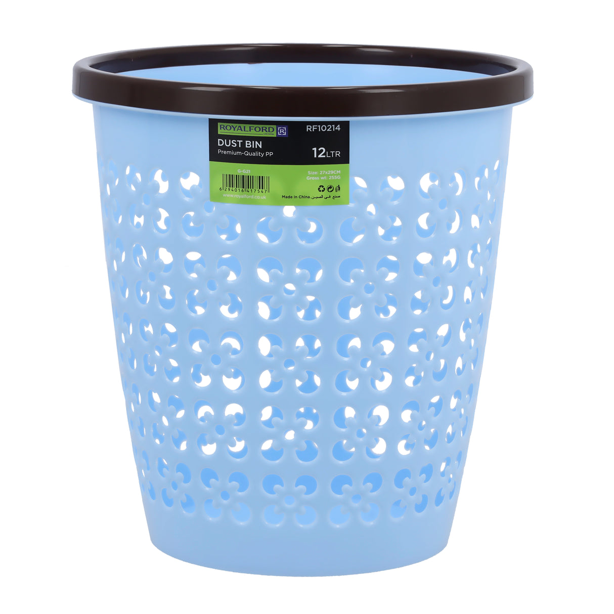 Royalford RF10214 12L Plastic Dust Bin | Durable Household Waste Bin | Ventilated Floral Design | Lightweight PP Garbage Bin for Kitchen, Bathroom, Bedroom and Office Use