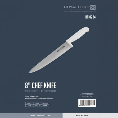 Royalford RF10234 8” Chef Knife| features a premium stainless steel blade with ergonomic PP handle| durable, sharp, and perfect for chopping, slicing, and dicing tasks|