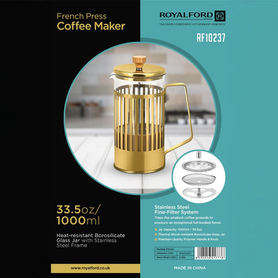 Royalford RF10237 French Press Coffee Maker 1000ml | Borosilicate Glass Jar | Stainless Steel Fine Filter System | Premium Handle & Thermal Shock Resistance Design