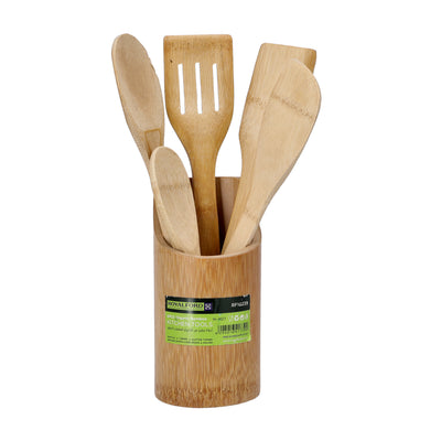 Royalford RF10239 6 Pcs Organic Bamboo Kitchen Tools Set | Eco Friendly Natural Bamboo Cooking Utensils Set with Spatula, Turner, Slotted Turner, Spoon & Rice Spoon
