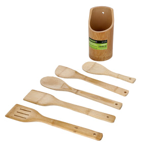 Royalford RF10239 6 Pcs Organic Bamboo Kitchen Tools Set | Eco Friendly Natural Bamboo Cooking Utensils Set with Spatula, Turner, Slotted Turner, Spoon & Rice Spoon