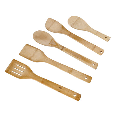 Royalford RF10239 6 Pcs Organic Bamboo Kitchen Tools Set | Eco Friendly Natural Bamboo Cooking Utensils Set with Spatula, Turner, Slotted Turner, Spoon & Rice Spoon