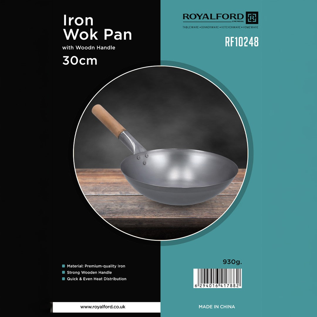 Royalford RF10248 Iron Wok Pan 30cm |  Wooden Handle | Premium Quality Iron Wok for Fast Even Heat Distribution | Stir Fry Cooking | Durable Heavy Duty Kitchen Cookware