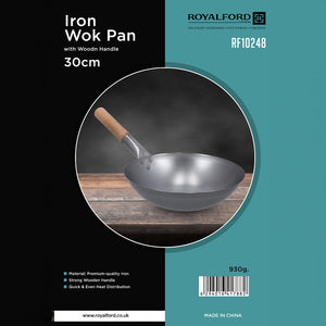 Royalford RF10248 Iron Wok Pan 30cm |  Wooden Handle | Premium Quality Iron Wok for Fast Even Heat Distribution | Stir Fry Cooking | Durable Heavy Duty Kitchen Cookware