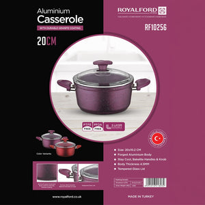 Royalford RF10256 20cm Aluminium Casserole | Granite Non-Stick Coating & Glass Lid | High-quality aluminium body | cool-touch Bakelite handles and knob | PTFE & PFOA free