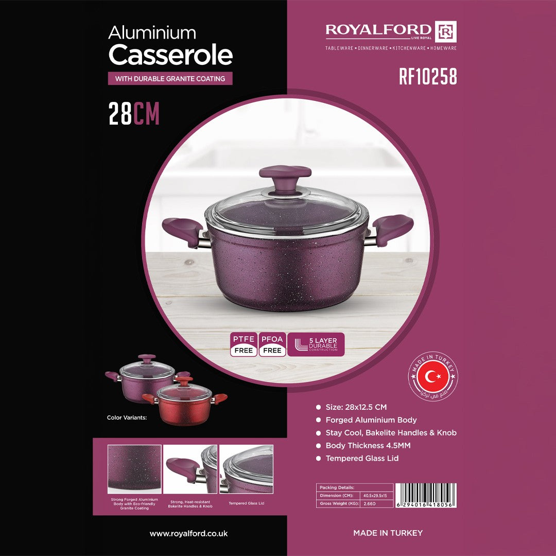 Royalford RF10258 28cm Aluminium Casserole | Granite Non-Stick Cookware with Glass Lid | 5-Layer Construction |4.5mm Thick Aluminium Body | PFOA & PTFE Free | Lightweight