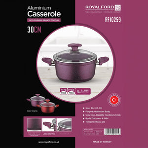 Royalford RF10259 30cm Aluminium Casserole  |Granite Non-Stick Coating & Glass Lid  | cool-touch Bakelite handles and knob  | PTFE and PFOA free | Stylish granite finish