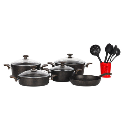 Royalford RF10267 Chef Shield 16 Pieces Granite Coated Cookware Set | Induction Compatible | Extra Thick Base| Non Stick Aluminium Pots& Pans | Glass Lids with Apron
