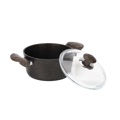 Royalford RF10267 Chef Shield 16 Pieces Granite Coated Cookware Set | Induction Compatible | Extra Thick Base| Non Stick Aluminium Pots& Pans | Glass Lids with Apron