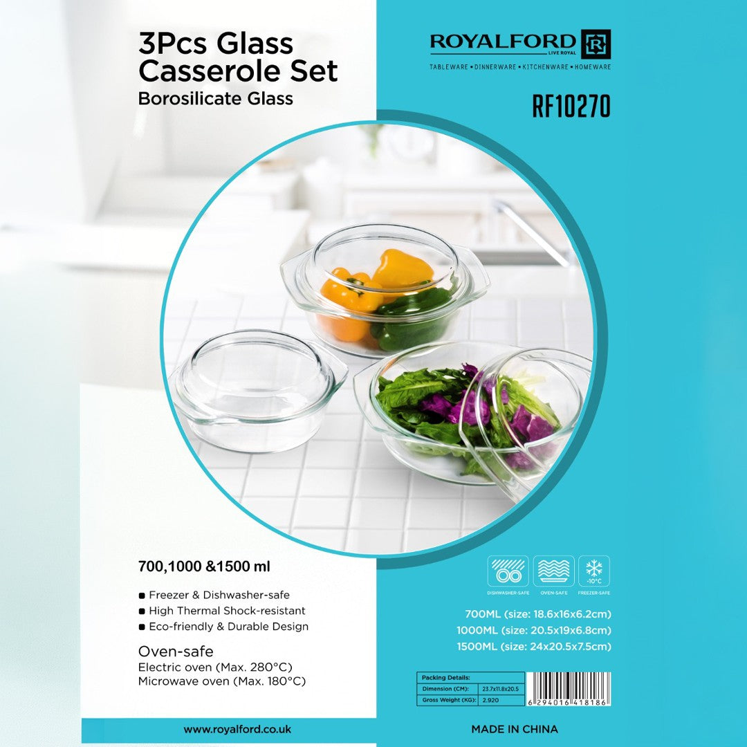 Royalford RF10270 3-Piece Borosilicate Glass Casserole Set with Glass Lids |  700ml, 1000ml & 1500ml | Oven & Microwave Safe | Integrated Side Handles | Eco-Friendly