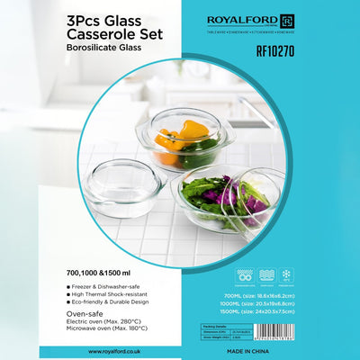 Royalford RF10270 3-Piece Borosilicate Glass Casserole Set with Glass Lids |  700ml, 1000ml & 1500ml | Oven & Microwave Safe | Integrated Side Handles | Eco-Friendly