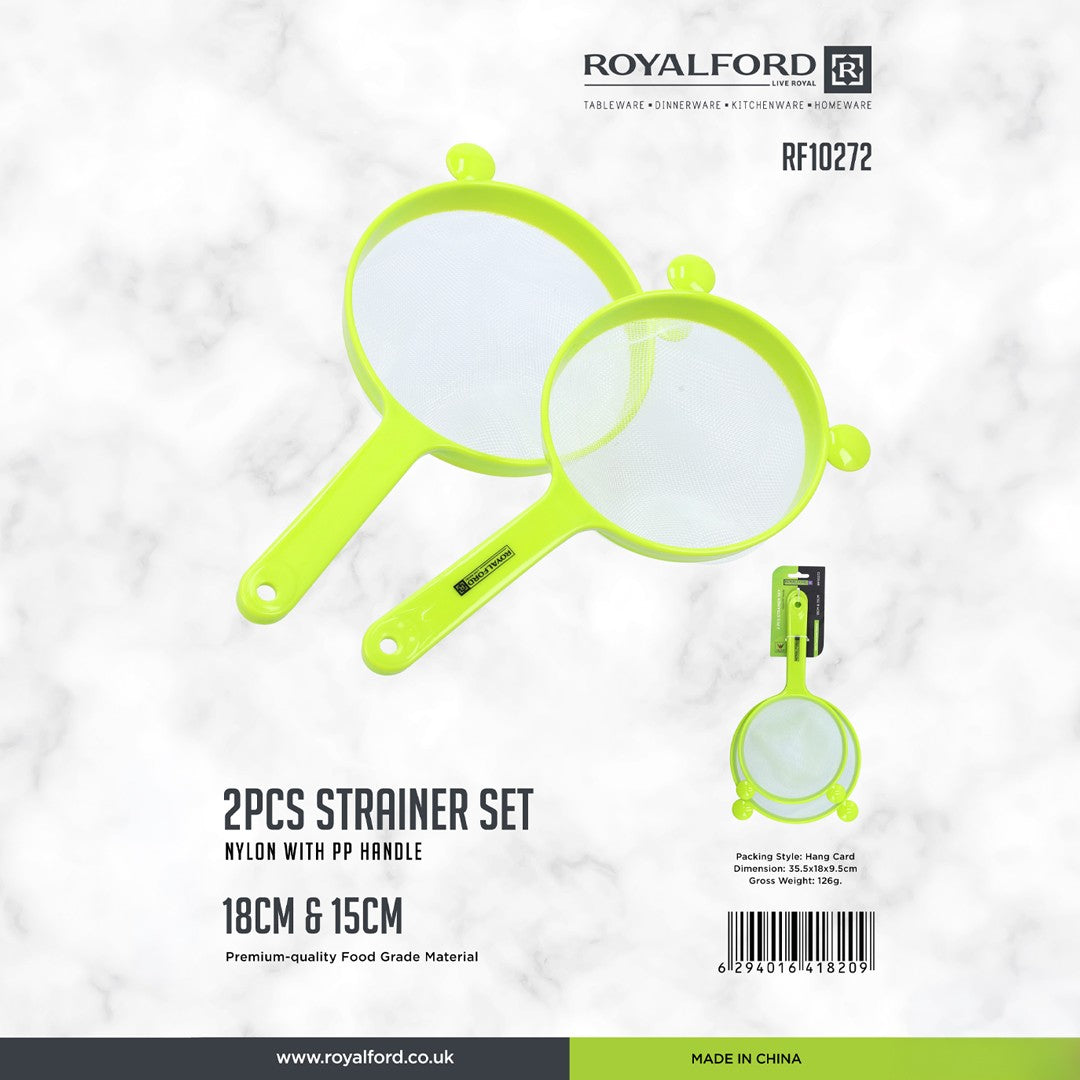 Royalford RF10272 2PCS Strainer Set | 18cm & 15cm Nylon Mesh Kitchen Strainers with PP Handle | Food Grade Durable Sieve | Perfect for Rice, Pasta, Vegetables & Fruits