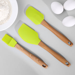 Royalford RF10274 3PCS Silicone Kitchen Tools Set | Wooden Handles |  Heat Resistant Food Grade Spatulas & Basting Brush for Baking, Mixing, Cooking & Non-Stick Cookware