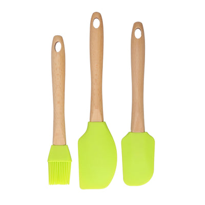 Royalford RF10274 3PCS Silicone Kitchen Tools Set | Wooden Handles |  Heat Resistant Food Grade Spatulas & Basting Brush for Baking, Mixing, Cooking & Non-Stick Cookware