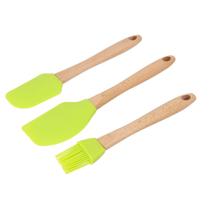 Royalford RF10274 3PCS Silicone Kitchen Tools Set | Wooden Handles |  Heat Resistant Food Grade Spatulas & Basting Brush for Baking, Mixing, Cooking & Non-Stick Cookware