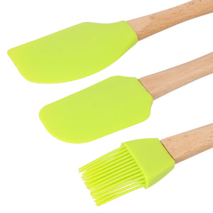 Royalford RF10274 3PCS Silicone Kitchen Tools Set | Wooden Handles |  Heat Resistant Food Grade Spatulas & Basting Brush for Baking, Mixing, Cooking & Non-Stick Cookware