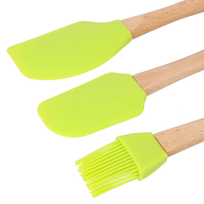 Royalford RF10274 3PCS Silicone Kitchen Tools Set | Wooden Handles |  Heat Resistant Food Grade Spatulas & Basting Brush for Baking, Mixing, Cooking & Non-Stick Cookware