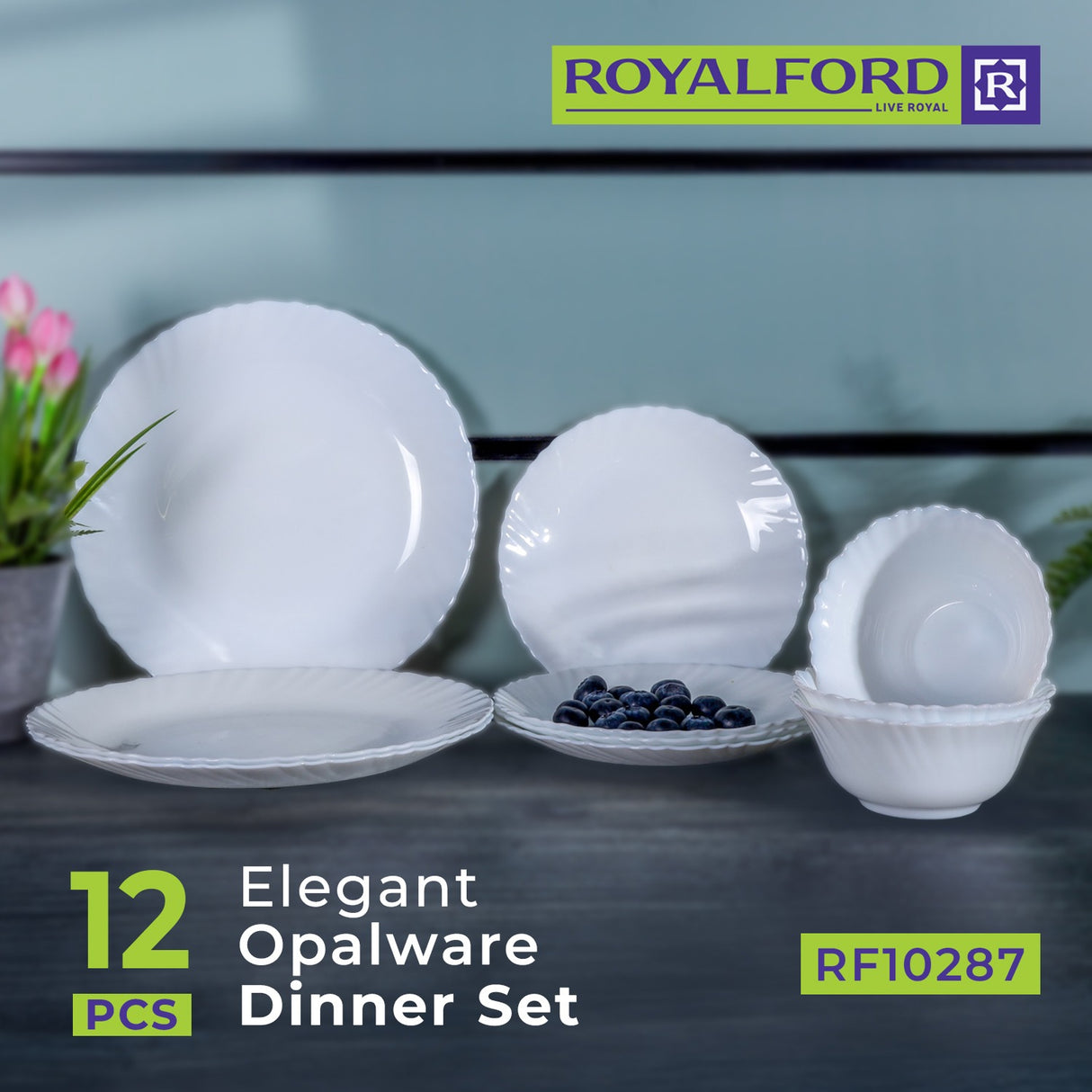Royalford RF10287 12-Piece Opalware Dinner Set |  Elegant White Tableware with Durable Opal Glass Material | Dishwasher Safe | Freezer Safe |  Lightweight Design