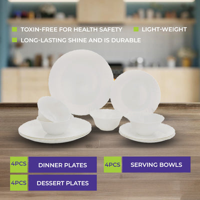 Royalford RF10287 12-Piece Opalware Dinner Set |  Elegant White Tableware with Durable Opal Glass Material | Dishwasher Safe | Freezer Safe |  Lightweight Design