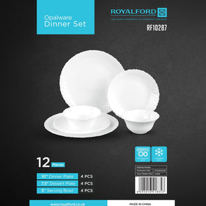 Royalford RF10287 12-Piece Opalware Dinner Set |  Elegant White Tableware with Durable Opal Glass Material | Dishwasher Safe | Freezer Safe |  Lightweight Design