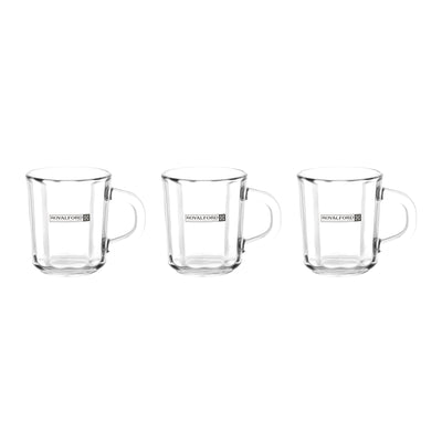 Royalford RF10290 3PCS Glass Mug Set | durable tea & coffee cups with ergonomic handles| transparent glass design, for hot and cold beverages, home, office use|