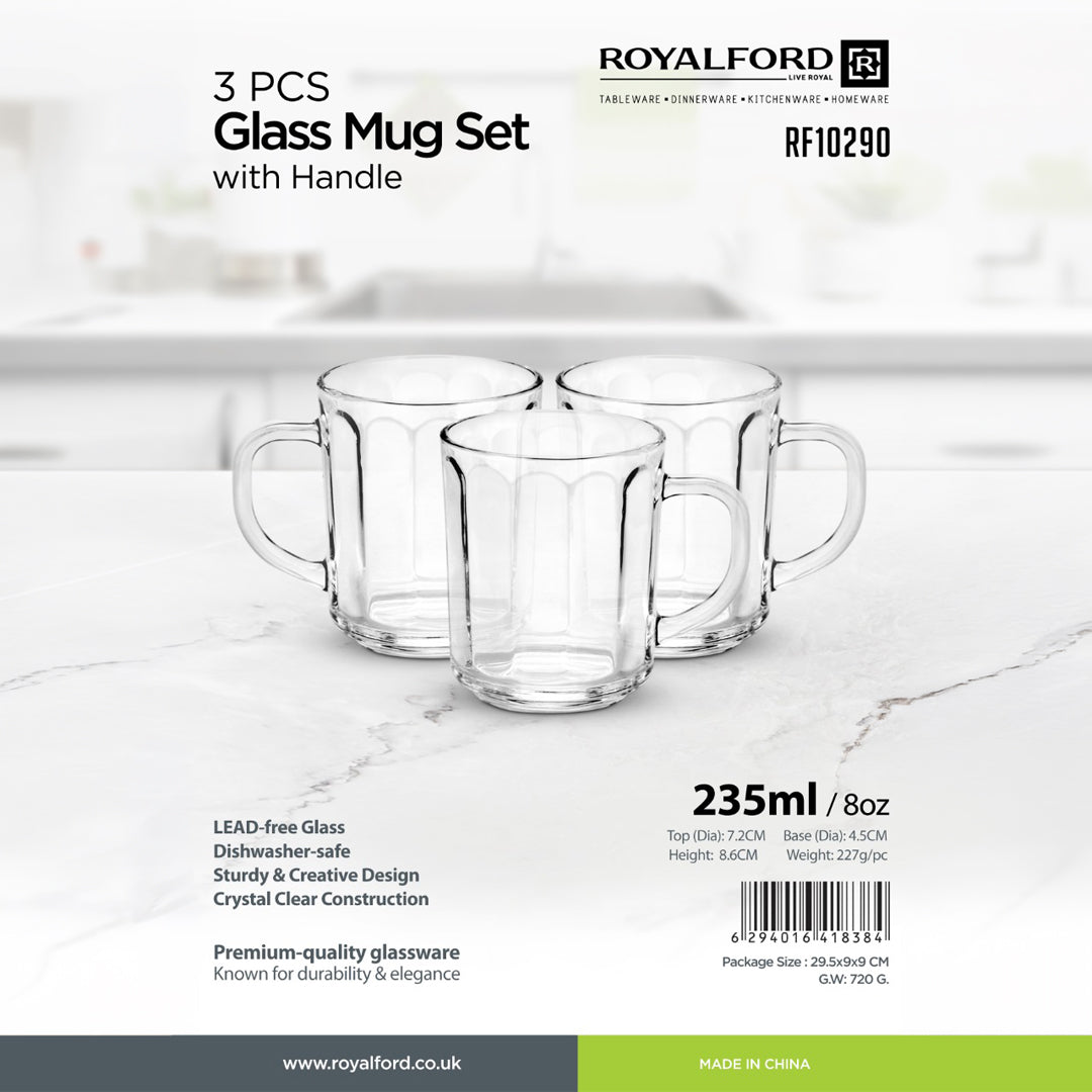 Royalford RF10290 3PCS Glass Mug Set | durable tea & coffee cups with ergonomic handles| transparent glass design, for hot and cold beverages, home, office use|